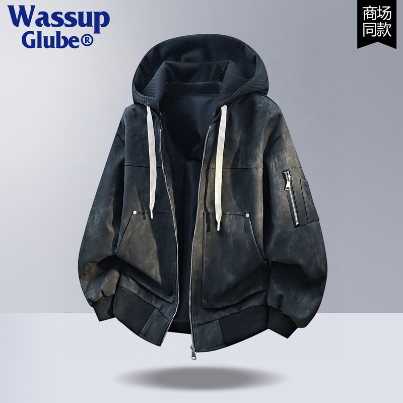 Wassup Glube Trendy Brand High-End Fake Two-Piece Jacket Men's Autumn and Winter American High Street Hooded Pu Leather Jacket