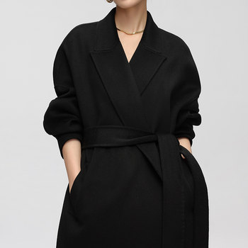 CHIIYEAR池也 双面羊毛羊绒大衣女长款浴袍式高级感黑色呢子外套