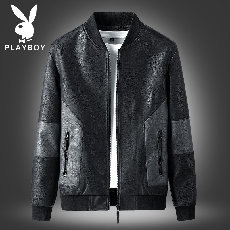 Playboy leather jacket men's spring and autumn sheepskin jacket loose plus velvet large size baseball collar leather jacket