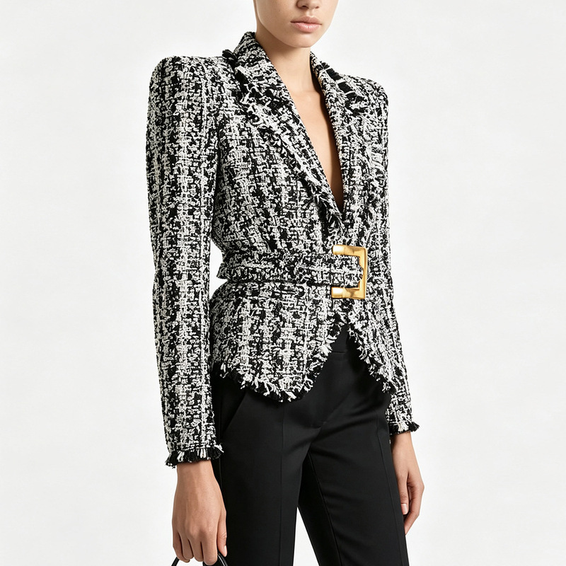 Effie Balmain 2026 Autumn/Winter New Fashion Slim Fit Belted Frayed Tweed Jacket and Short Skirt
