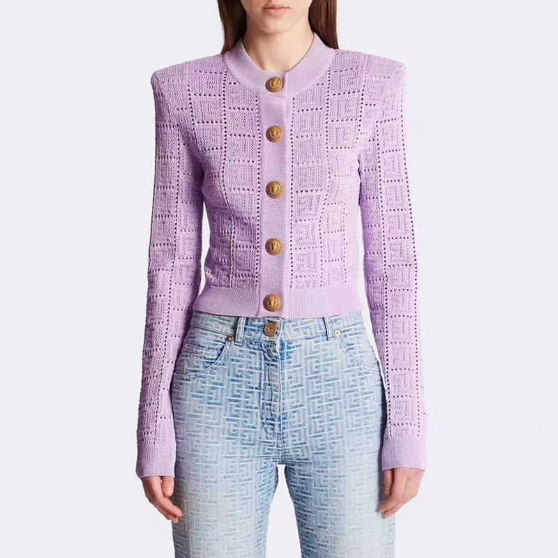 Effie Balmain 2026 Spring and Autumn New Long-Sleeve Short Round Neck Hollow Knit Sweater Top Fashion Cardigan Jacket