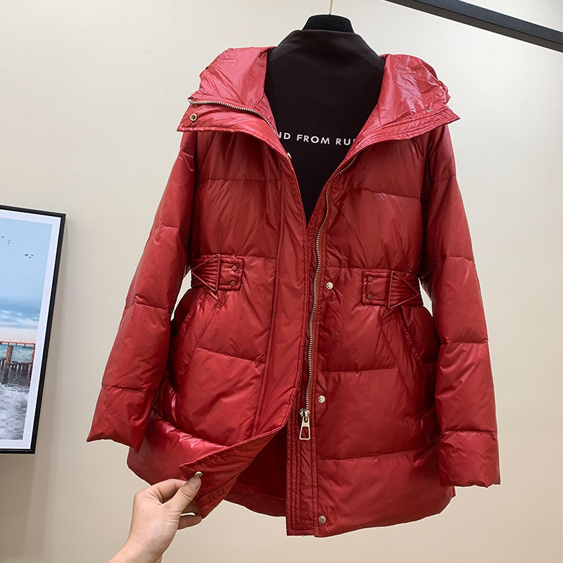 Bright Face Collection Waist Down down jacket Women's medium long version 2021 Winter new Korean version Even hat white duck suede warm jacket tide