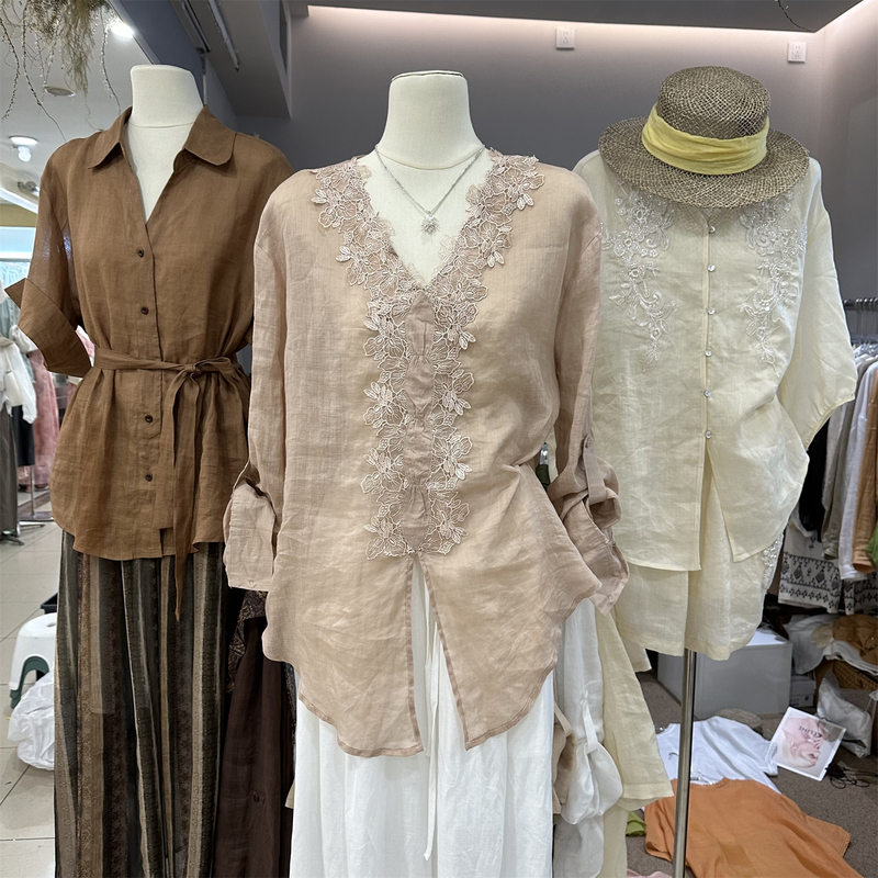 V-Neck Design Shirt for Women, Tencel Ramie Top, 2026 Summer New Style, Heavy Lace Splicing Shirt