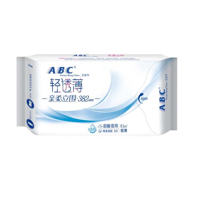 ABC night sanitary napkin 382mm cotton soft skin-friendly stand-up anti-side leakage ultra-thin cool and breathable girl napkin