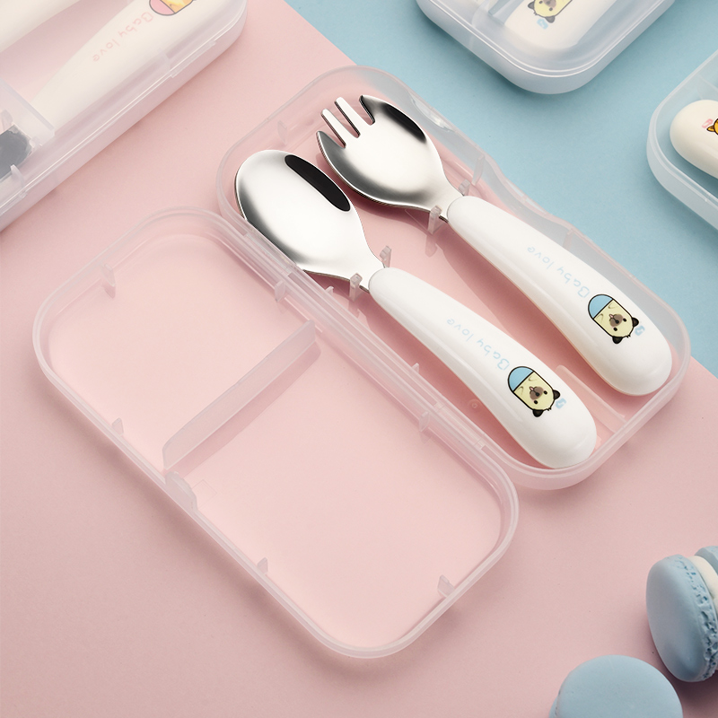 Baby learning to eat training spoon children's tableware set 304 stainless steel household children's spoon and fork cute and creative