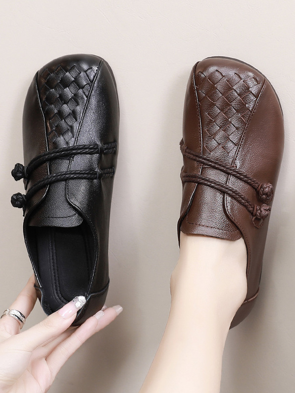 Retro Flats for Women, Spring & Fall New Style, Ethnic Style Flats, Soft Surface, Tendon Soft Sole, Mother's Shoes, Middle-Aged and Elderly Small Leather Shoes