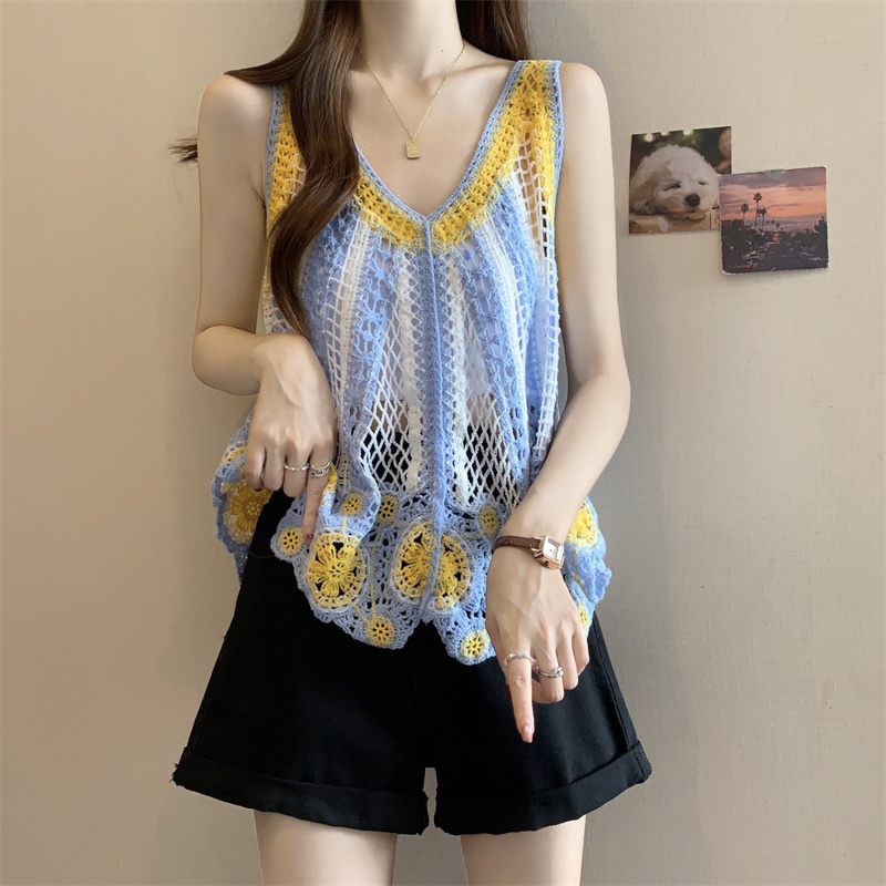 Bohemian Plus-Size Crochet Hollow-Out Knit Camisole Summer Layering Cover-Up Loose Slimming Sleeveless Top