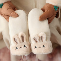 Peijin plus velvet gloves female winter suede wind-resistant thick warm bunny cute lanyard gloves