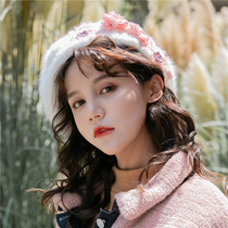 Peijin Bailey hat autumn and winter New sweet princess style flower embroidery white rabbit hair Bud hat lady