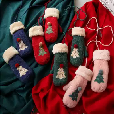 Peijin gloves women's winter Christmas gift red and Green Christmas Tree plus velvet warm lanyard bag finger gloves