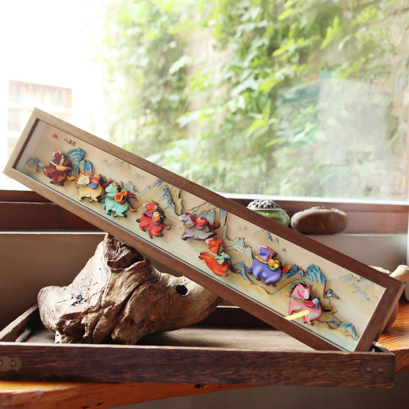 3D Paper Art Stereo Photo Frame Ornament with Eight Horses in the Year of the Horse, Horizontal Style, Vintage Wooden Frame, Cartoon Pony Frame Hanging Decoration