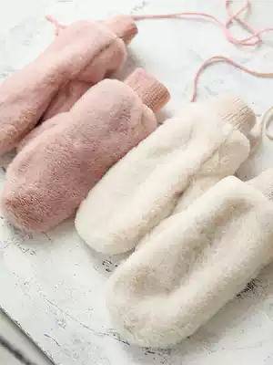 Peijin imitation rabbit plush neck mitten gloves female winter double layer warm full finger bag finger flap half finger gloves