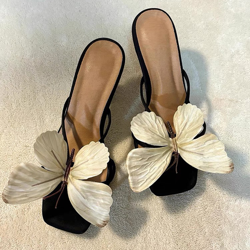 Sheepskin! Thai Niche Bow-Knot Floral Sandals for Women 2025 New Square-Toe Open-Toe Stiletto Half-Slip High Heels
