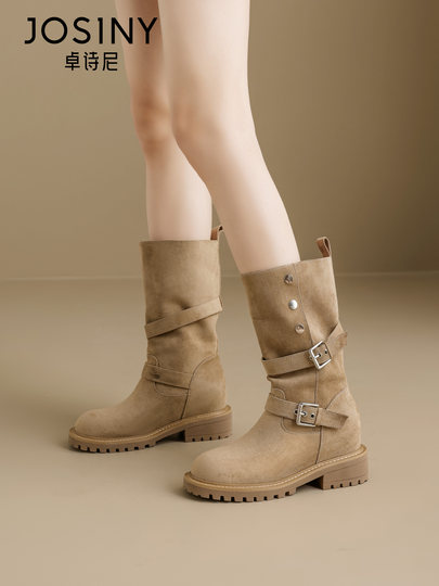 Zhuoshini Botas Largas de suela gruesa para mujer, otoño 2025, nuevas botas retro de vaquero del Western, botas de caballero con realce interior de tacón grueso