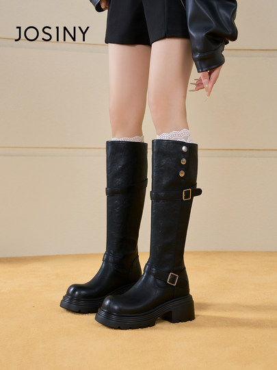 Zhuoshini Thick-Soled Over-The-Knee Riding Boots 2025 Spring and Autumn New Retro Height-Increasing Belt Buckle High Boots for Petite Individuals