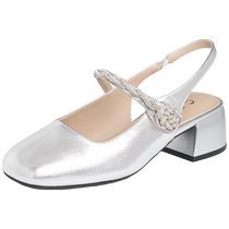 Zhuoshini silver toe-cap sandals for women 2024 new summer small fragrant style thick heel sandals beautiful and comfortable back shoes