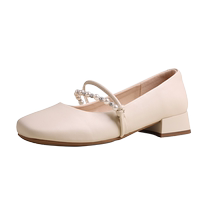 Zhuo Shini shallow mouth single shoes for women small leather shoes with thick heels summer matching skirts Mary Jane womens shoes pearl French style not tiring the feet