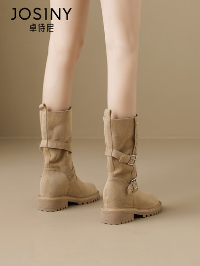 Zhuoshini Botas Largas de suela gruesa para mujer, otoño 2025, nuevas botas retro de vaquero del Western, botas de caballero con realce interior de tacón grueso
