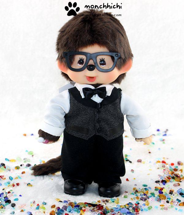 Japan genuine genuine Monchy, Monchhichi wearing glasses doctor housekeeper boy coffee 20 cm