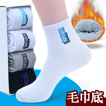 boys' cotton mid calf socks autumn winter white basketball thick fleece warm towel bottom sports student men