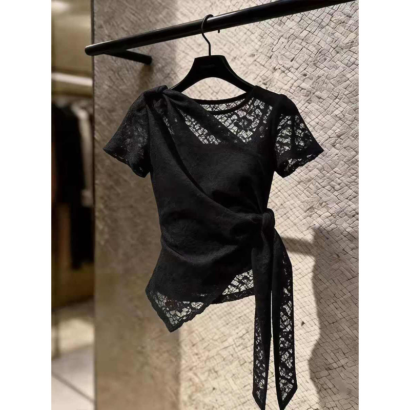 Summer New Casual Style Black Lace-Up Shirt for Women, Short-Sleeved Round Neck Design, Niche Style Top Summer New Casual Style Black Lace-Up Shirt for Women, Short-Sleeved Round Neck Design, Niche Style Top
