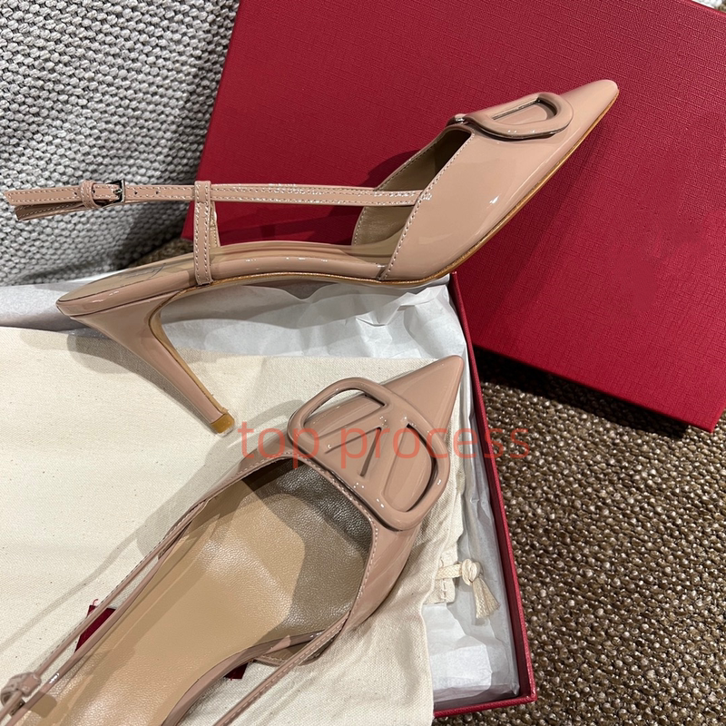 Correct Version of Summer Top Process V Patent Leather Pointed Toe Stiletto Heel Nude Color One-Strap Buckle Genuine Leather Sandals for Women