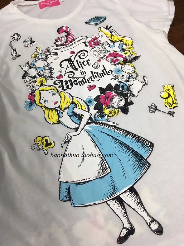 Disney Alice in Wonderland Alice Cheshire Cat White Flying Sleeve Thin Short-Sleeved T-Shirt with Front and Back Print