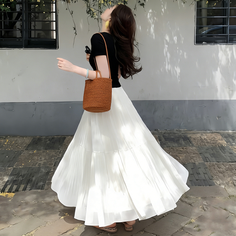 White Ice Silk Chiffon Drapey Skirt for Women, Summer 2026 New High-Waisted A-Line Hip-Covering Large Pleated Long Skirt