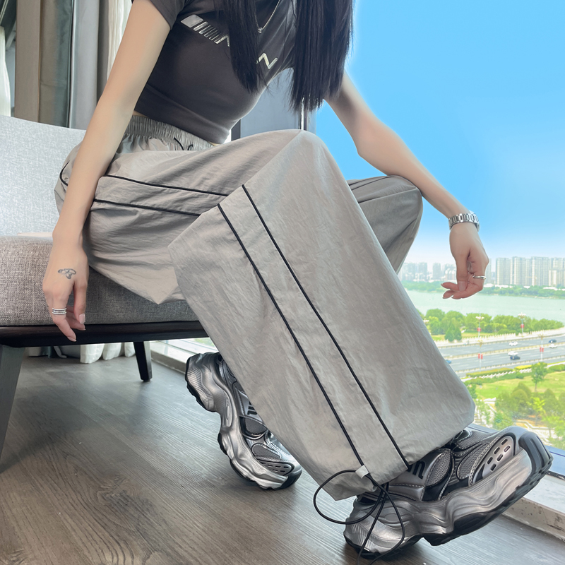 American-Style Striped Quick-Dry Work Pants for Women, Summer Thin High-Waisted Loose Casual Jogger Pants, Convertible Ice Silk Wide-Leg Sports Pants