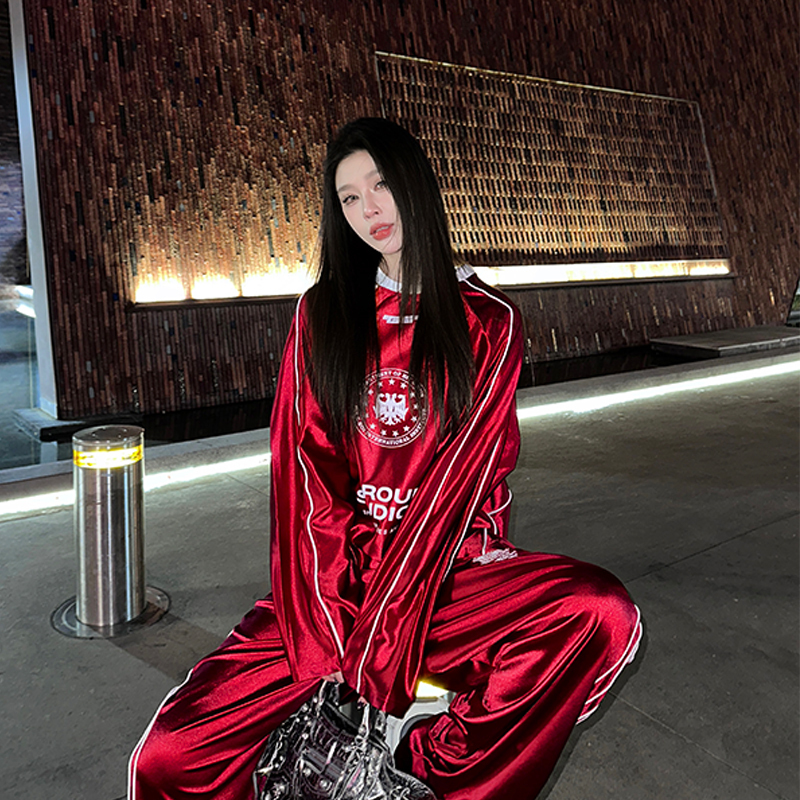 Group Studiost Light-Sensing Imitation Satin American Casual Round-Neck Color-Block Striped Long-Sleeve Jersey Set