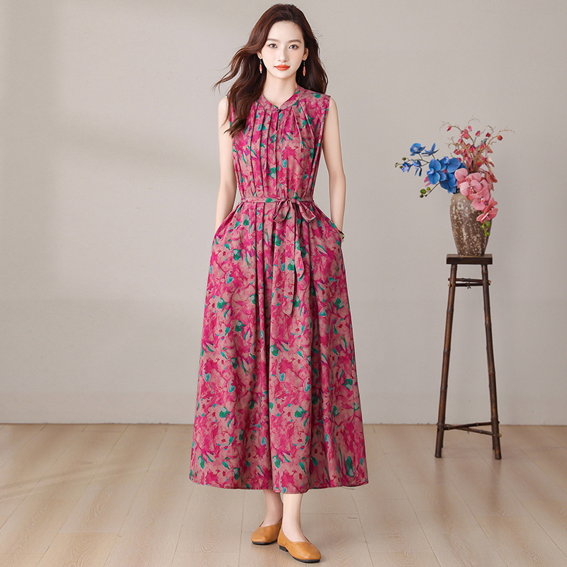 French-Style High-End Sleeveless Dress for Women, 2026 Summer New Model, Unique Large Size, Loose and Slimming Cotton Silk Tank Top Long Dress