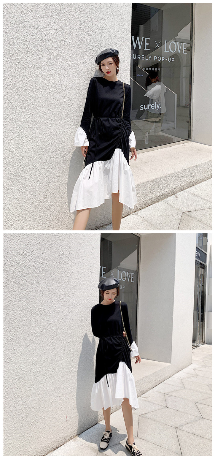 VK旗艦店 韓系氣質拼接撞色不規則抽褶系帶長袖洋裝