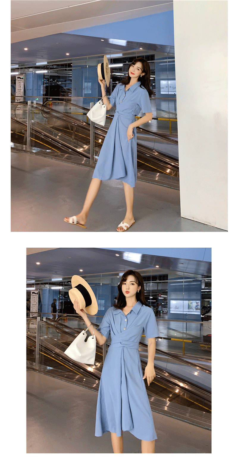 VK旗艦店 韓國風復古淑女純色顯瘦收腰系帶短袖洋裝