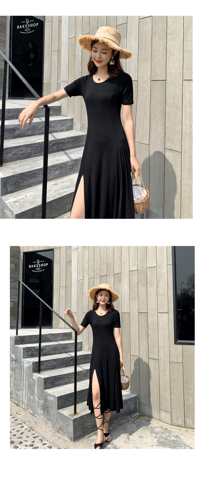 VK旗艦店 韓系復古性感開叉顯瘦修身赫本短袖洋裝