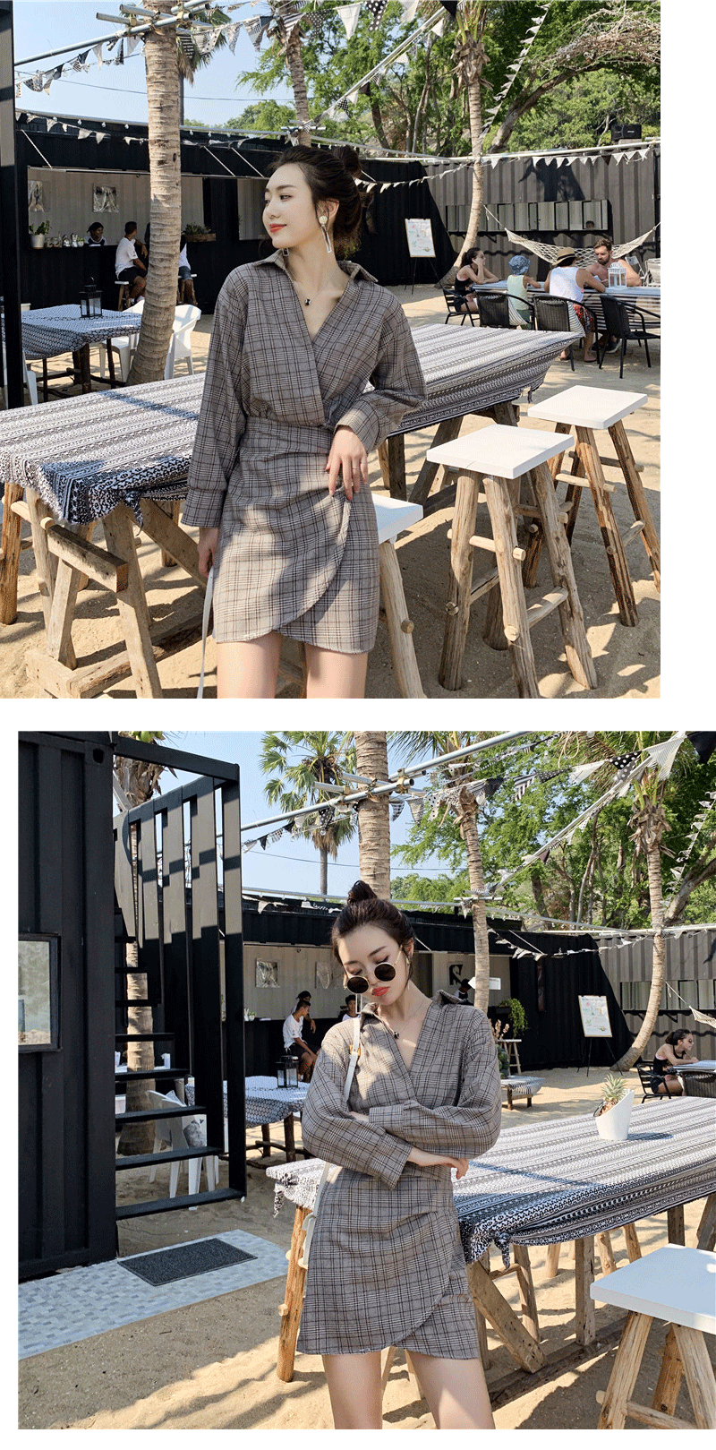 VK旗艦店 韓系復古V領格紋假兩件不規則襯衫長袖洋裝