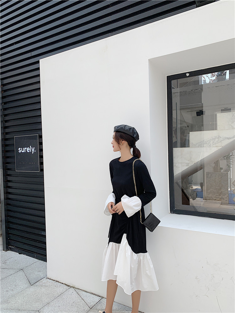 VK旗艦店 韓系氣質拼接撞色不規則抽褶系帶長袖洋裝