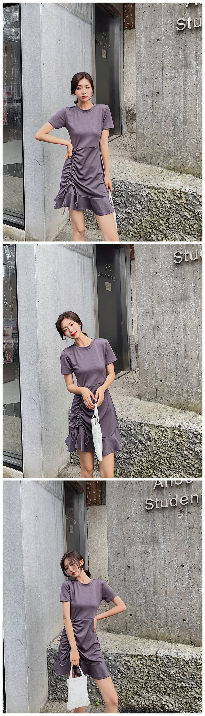 VK旗艦店 韓國風復古修身收腰抽繩荷葉邊短袖洋裝