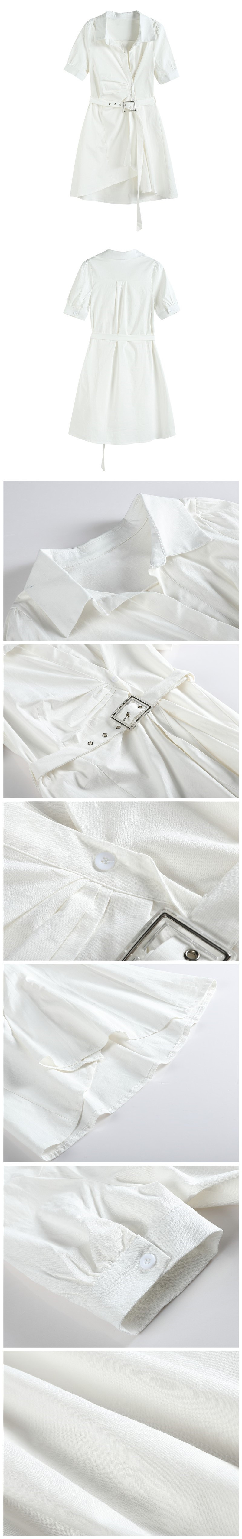 VK旗艦店 韓系文藝V領側排扣腰帶襯衫不規則短袖洋裝