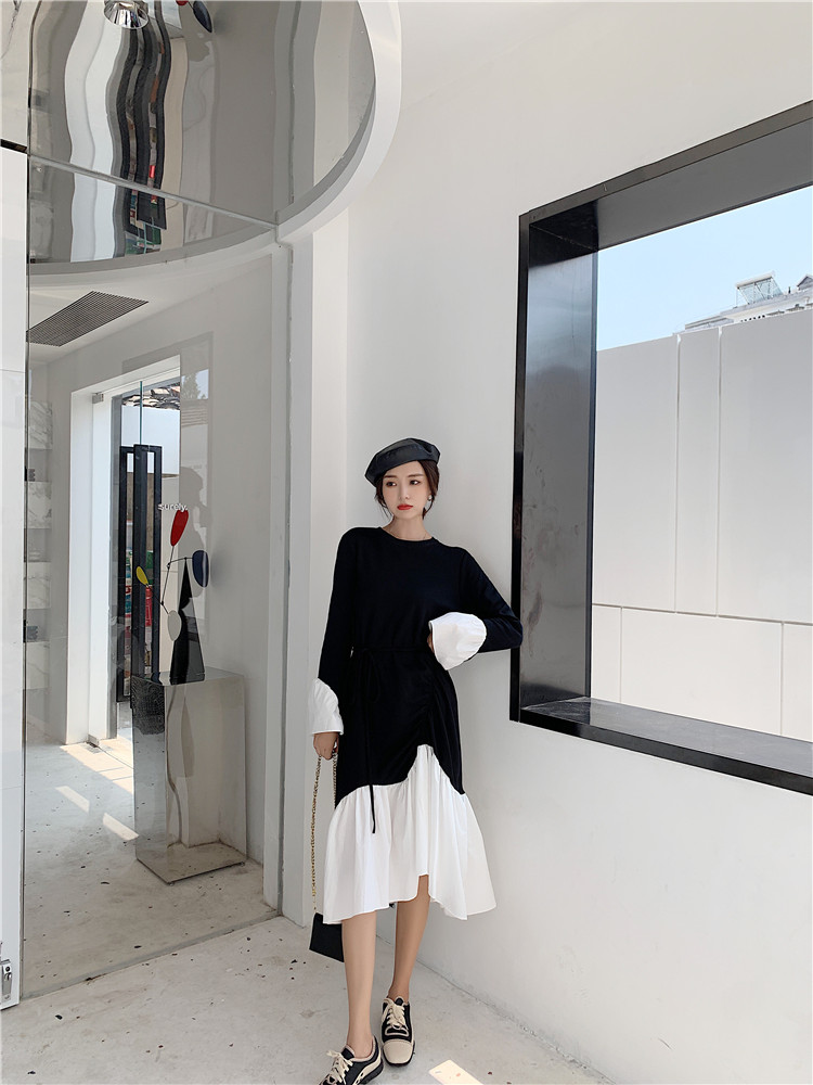 VK旗艦店 韓系氣質拼接撞色不規則抽褶系帶長袖洋裝