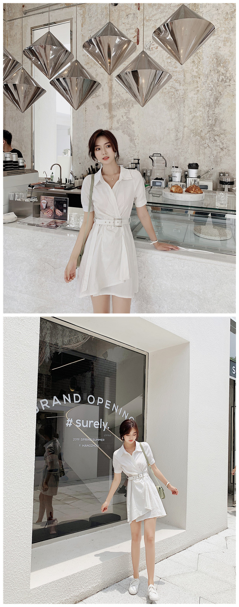 VK旗艦店 韓系文藝V領側排扣腰帶襯衫不規則短袖洋裝