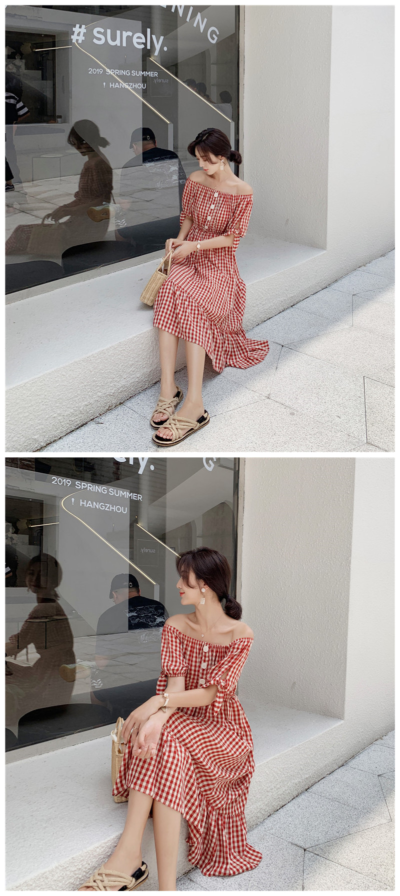 VK旗艦店 韓系格紋一字領紐扣泡泡袖荷葉擺短袖洋裝