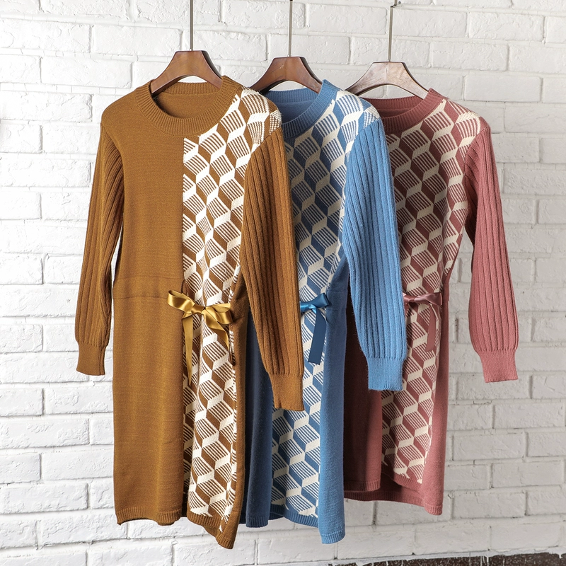 Váy len dài V4 2018 đầm mới đan có eo eo là áo thu đông mỏng áo cardigan nữ