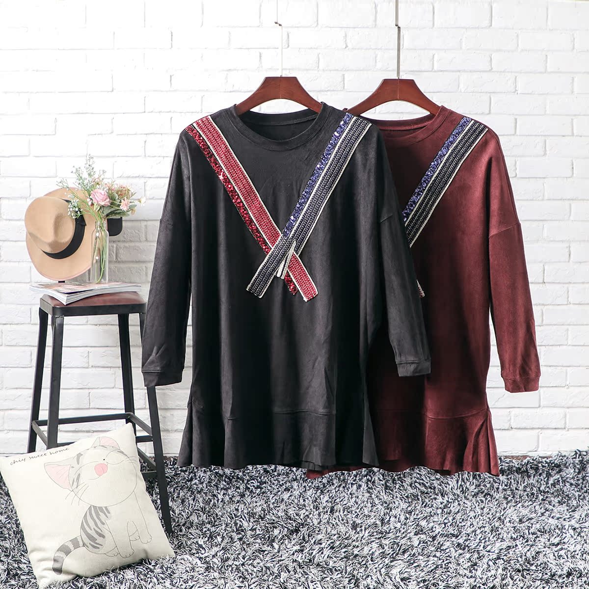 V7 mùa thu mới Hàn Quốc phiên bản của vòng cổ sequin thêu dài tay áo len váy của phụ nữ lỏng lẻo da lộn váy triều váy cho người béo