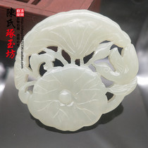 Hetian jade green white jade lotus leaf jade pendant neck ornament pendant lotus magpie hollow pendant first-class clean jade pendant
