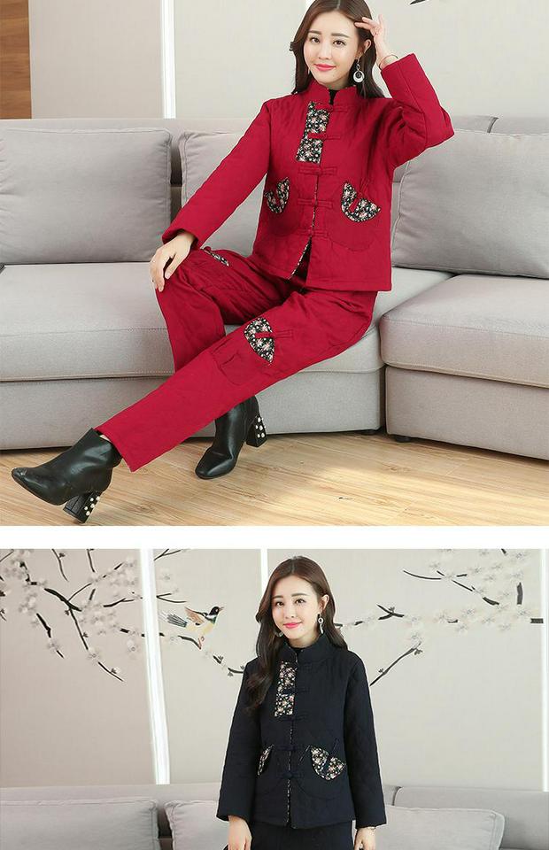 Tang phù hợp với áo khoác cotton nhỏ gió quốc gia mùa thu và mùa đông quần cotton dày phù hợp với đĩa retro khóa cotton và vải lanh hai mảnh áo phao ba lỗ nữ