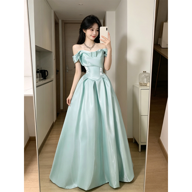 One-Shoulder French Evening Dress, Satin Light Luxury Engagement Dress, Vocal Graduation Host, Coming-Of-Age Ceremony, Birthday Princess Dress One-Shoulder French Evening Dress, Satin Light Luxury Engagement Dress, Vocal Graduation Host, Coming-Of-Age Ceremony, Birthday Princess Dress