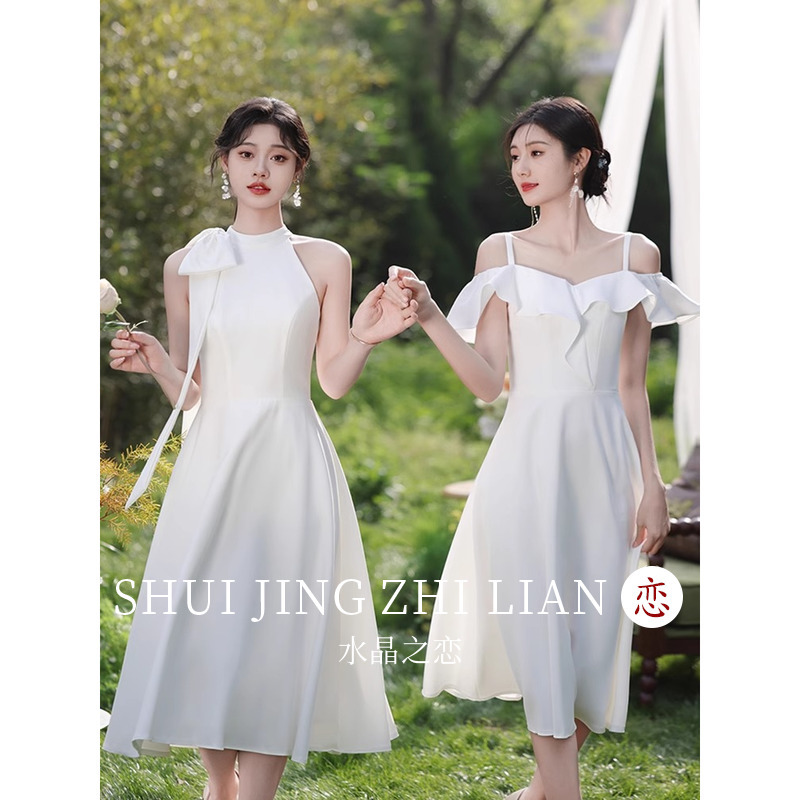 White Bridesmaid Dress 2026 New Style High-End Niche Wedding Sister Group Dress Petite Size Can Be Worn Casually in Autumn