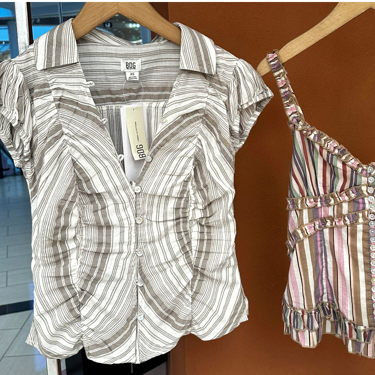 Bdg Button-Decorated Pleated Textured Lapel Striped Short-Sleeve Shirt for Women, 26 Spring/Summer, Authentic It Style, National Brand