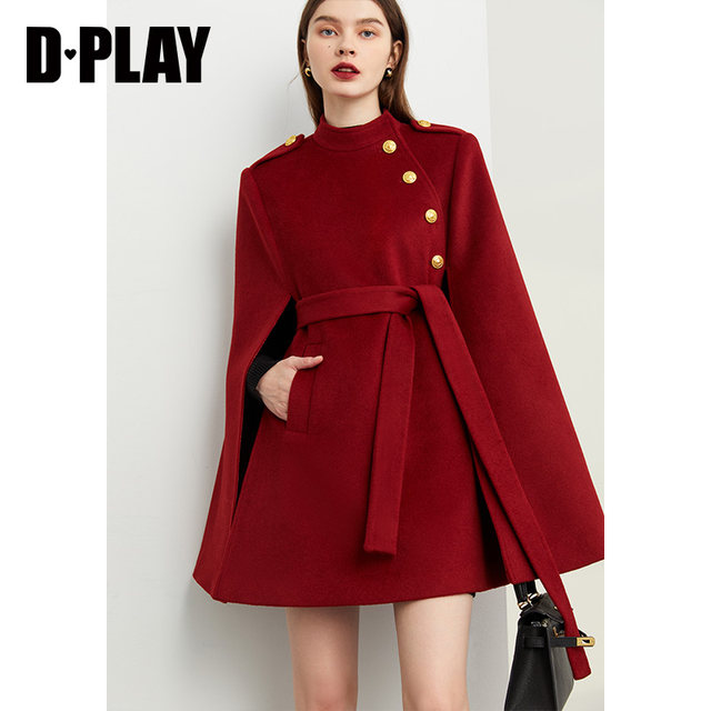 DPLAY ລະດູຫນາວໃຫມ່ retro ແສງສະຫວ່າງສີແດງຟຸ່ມເຟືອຍແບບອັງກິດ cloak woolen coat wedding jacket ສໍາລັບແມ່ຍິງ