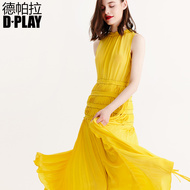 DPLAY2018 mùa xuân và mùa hè mới Châu Âu và Mỹ sáng sóng vàng cổ áo mosaic xếp li váy màu rắn với thanh lịch váy dài